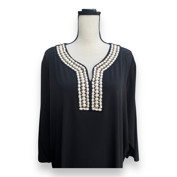 Peter Nygard Tunic Women's Size 2X Black Long Sleeve V-Neck Beaded - Picture 2 of 5